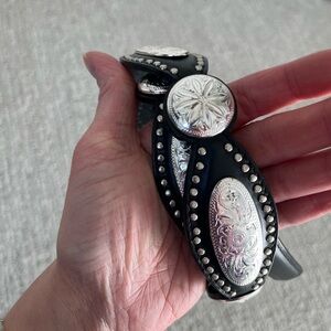 Tony Llama Black Leather Western-Style Belt with Silver Conchos and Studs